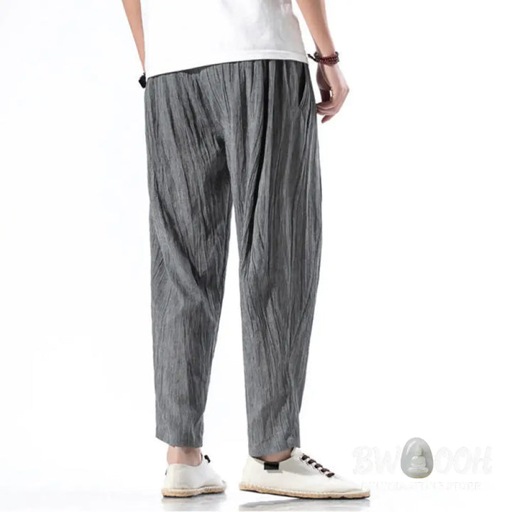 Buddha Stones Casual Plain Pleated Design Drawstring Men’s Long Cotton Linen Harem Pants With Pockets - Men’s Tapered