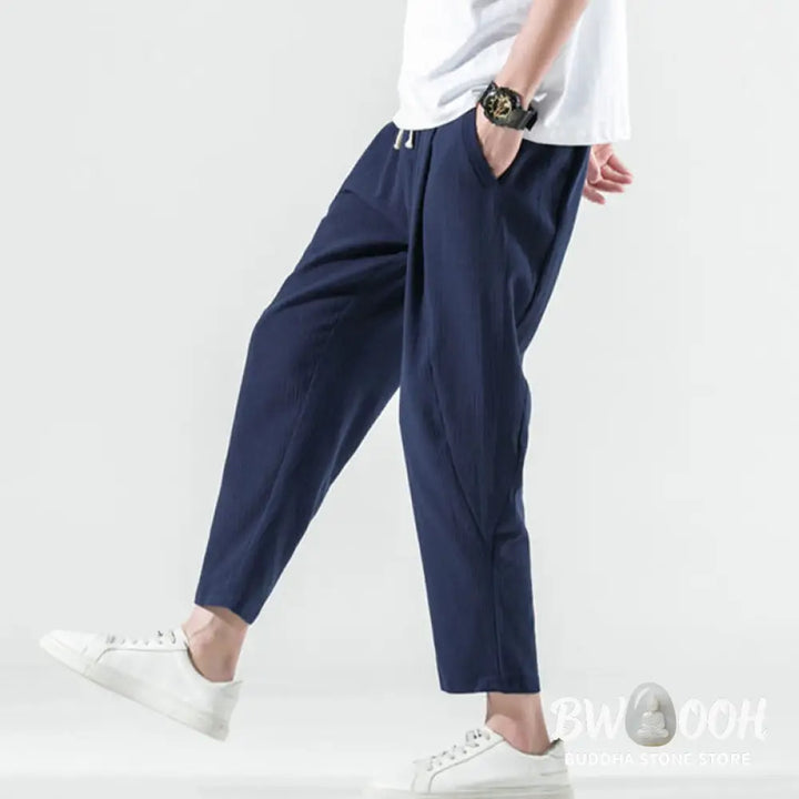 Buddha Stones Casual Plain Pleated Design Drawstring Men’s Long Cotton Linen Harem Pants With Pockets - Men’s Tapered