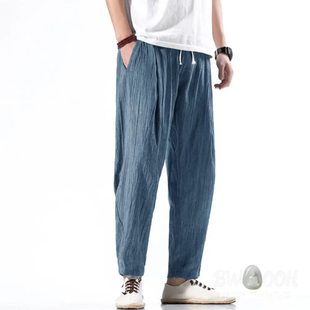 Buddha Stones Casual Plain Pleated Design Drawstring Men’s Long Cotton Linen Harem Pants With Pockets - Men’s Tapered