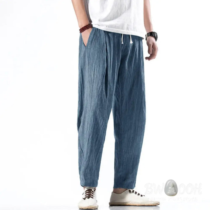 Buddha Stones Casual Plain Pleated Design Drawstring Men’s Long Cotton Linen Harem Pants With Pockets - Men’s Tapered