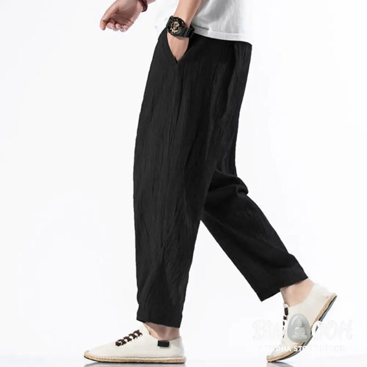 Buddha Stones Casual Plain Pleated Design Drawstring Men’s Long Cotton Linen Harem Pants With Pockets - Men’s Tapered