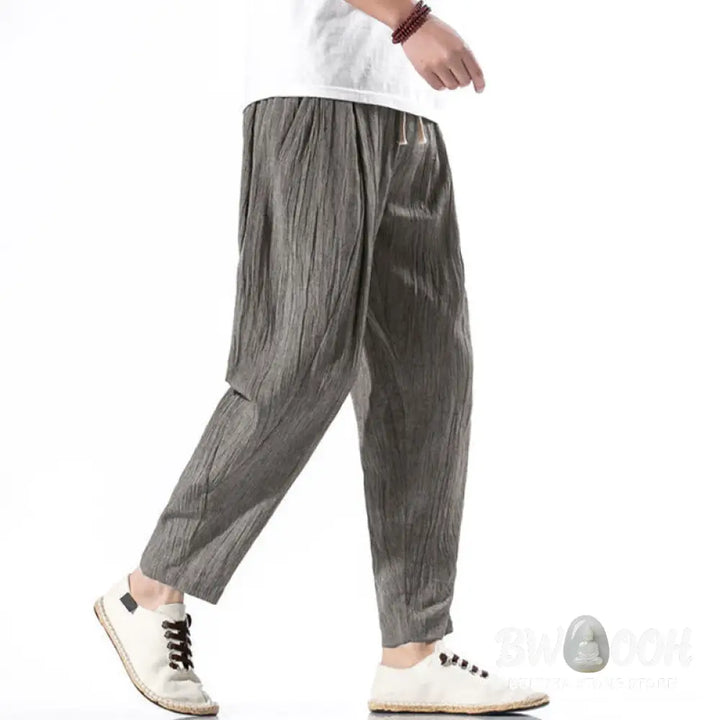 Buddha Stones Casual Plain Pleated Design Drawstring Men’s Long Cotton Linen Harem Pants With Pockets - Men’s Tapered