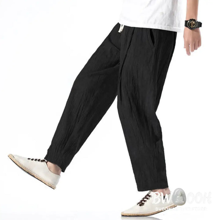 Buddha Stones Casual Plain Pleated Design Drawstring Men’s Long Cotton Linen Harem Pants With Pockets - Men’s Tapered