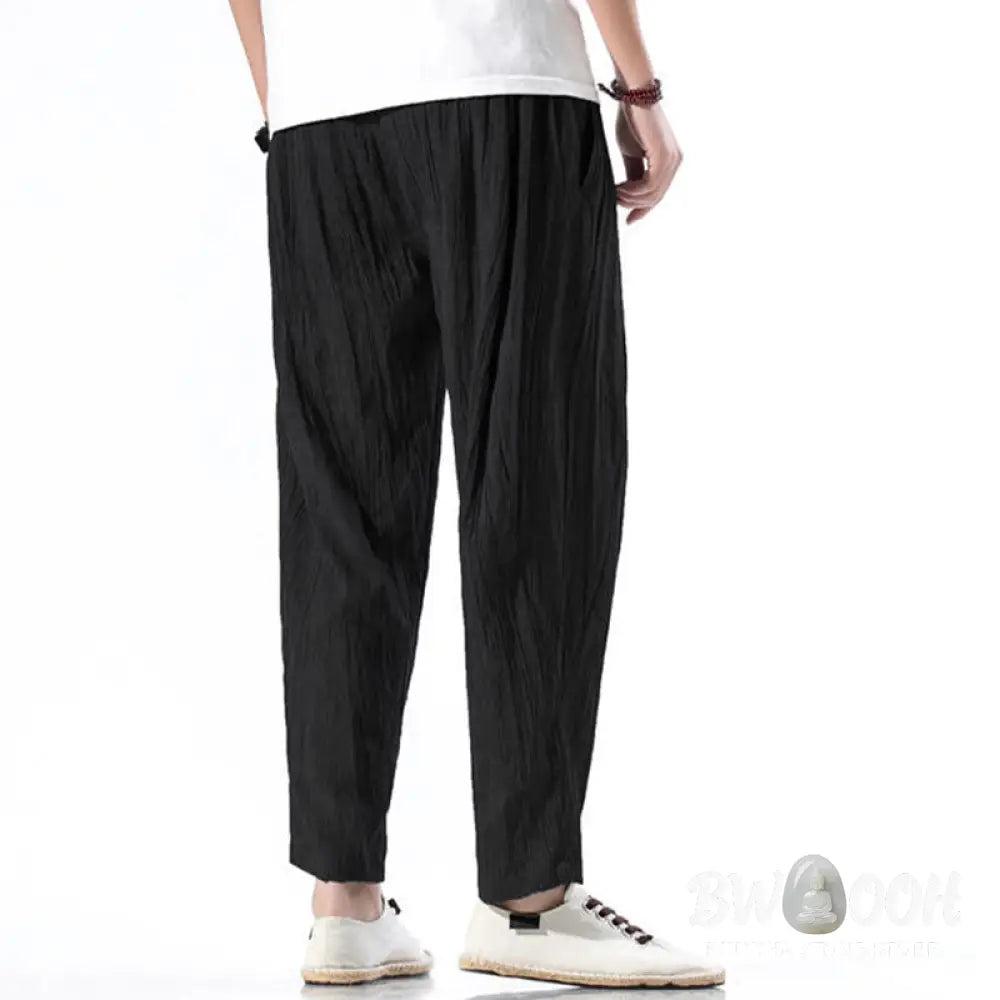 Buddha Stones Casual Plain Pleated Design Drawstring Men’s Long Cotton Linen Harem Pants With Pockets - Men’s Tapered