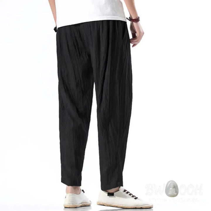 Buddha Stones Casual Plain Pleated Design Drawstring Men’s Long Cotton Linen Harem Pants With Pockets - Men’s Tapered