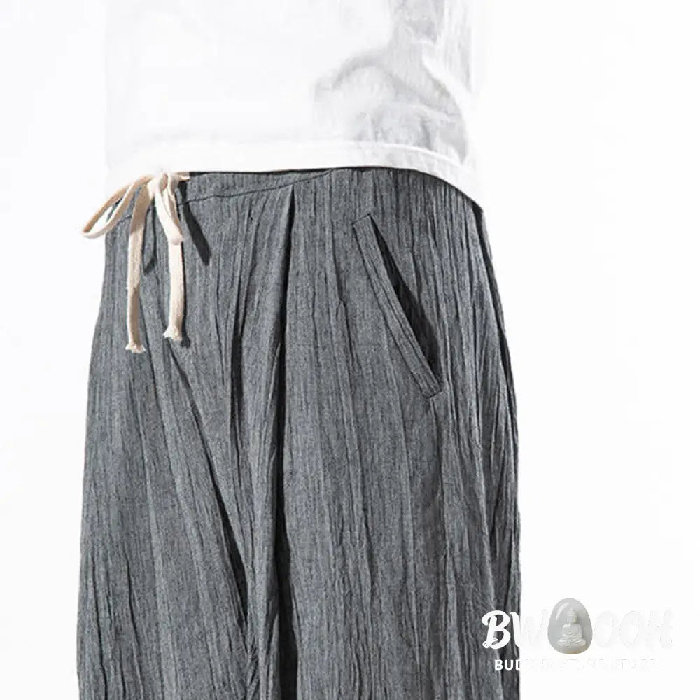 Buddha Stones Casual Plain Pleated Design Drawstring Men’s Long Cotton Linen Harem Pants With Pockets - Men’s Tapered