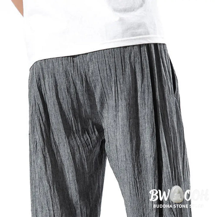 Buddha Stones Casual Plain Pleated Design Drawstring Men’s Long Cotton Linen Harem Pants With Pockets - Men’s Tapered