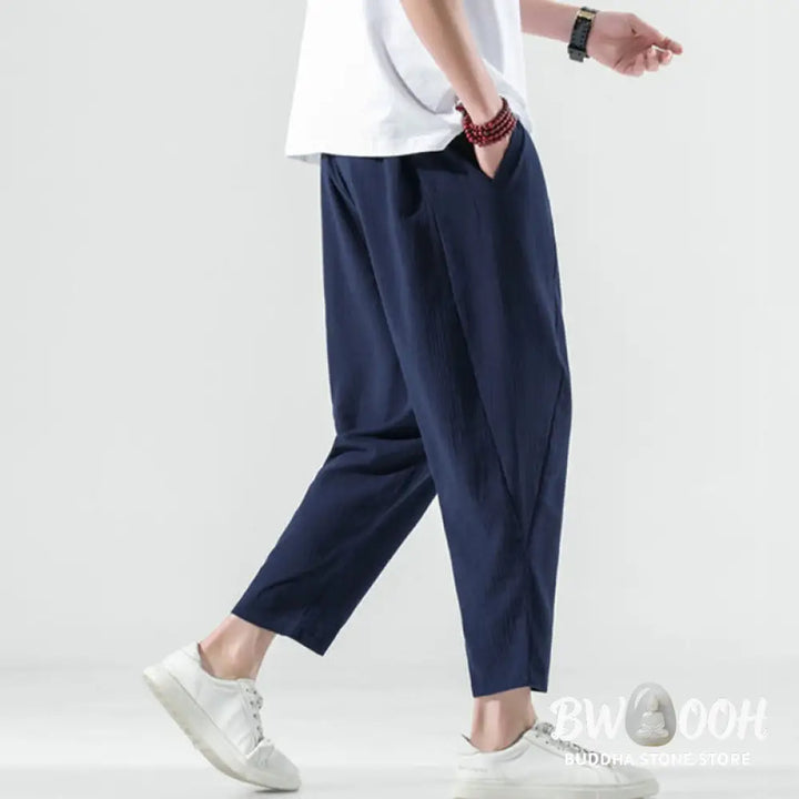 Buddha Stones Casual Plain Pleated Design Drawstring Men’s Long Cotton Linen Harem Pants With Pockets - Men’s Tapered