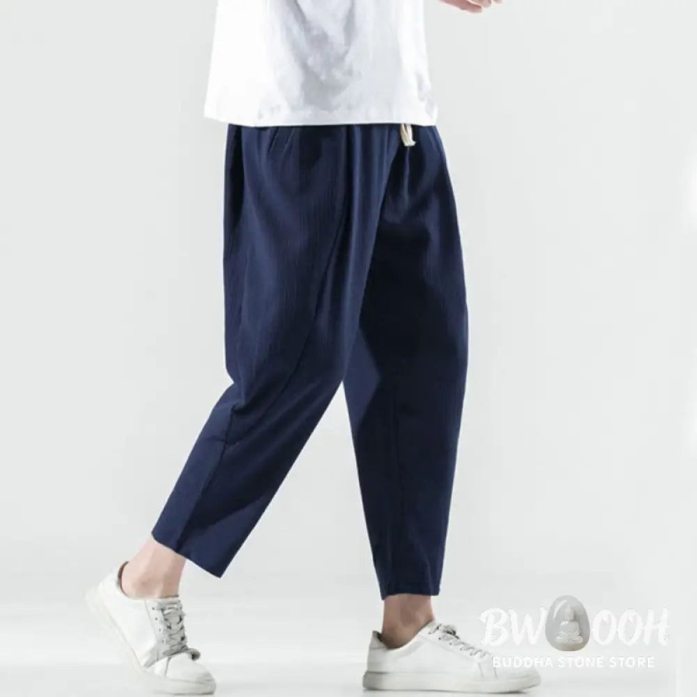 Buddha Stones Casual Plain Pleated Design Drawstring Men’s Long Cotton Linen Harem Pants With Pockets - Men’s Tapered