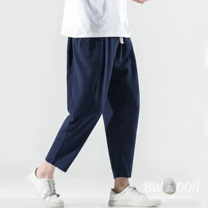 Buddha Stones Casual Plain Pleated Design Drawstring Men’s Long Cotton Linen Harem Pants With Pockets - Men’s Tapered