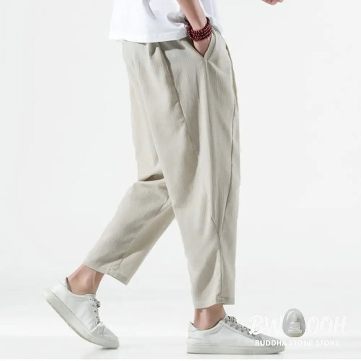 Buddha Stones Casual Plain Pleated Design Drawstring Men’s Long Cotton Linen Harem Pants With Pockets - Men’s Tapered
