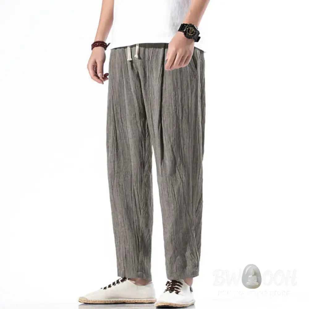 Buddha Stones Casual Plain Pleated Design Drawstring Men’s Long Cotton Linen Harem Pants With Pockets - Men’s Tapered