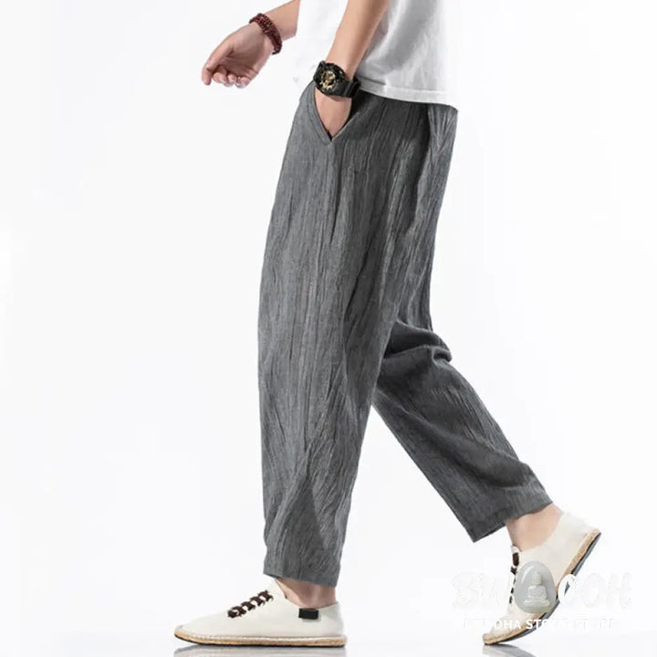 Buddha Stones Casual Plain Pleated Design Drawstring Men’s Long Cotton Linen Harem Pants With Pockets - Men’s Tapered