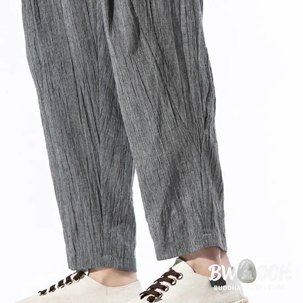 Buddha Stones Casual Plain Pleated Design Drawstring Men’s Long Cotton Linen Harem Pants With Pockets - Men’s Tapered