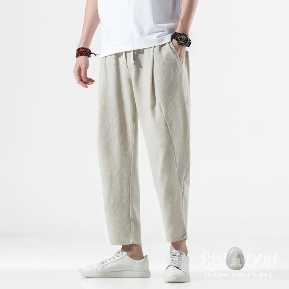 Buddha Stones Casual Plain Pleated Design Drawstring Men’s Long Cotton Linen Harem Pants With Pockets - Men’s Tapered