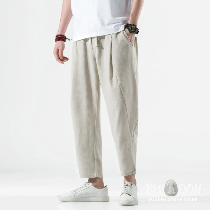 Buddha Stones Casual Plain Pleated Design Drawstring Men’s Long Cotton Linen Harem Pants With Pockets - Men’s Tapered