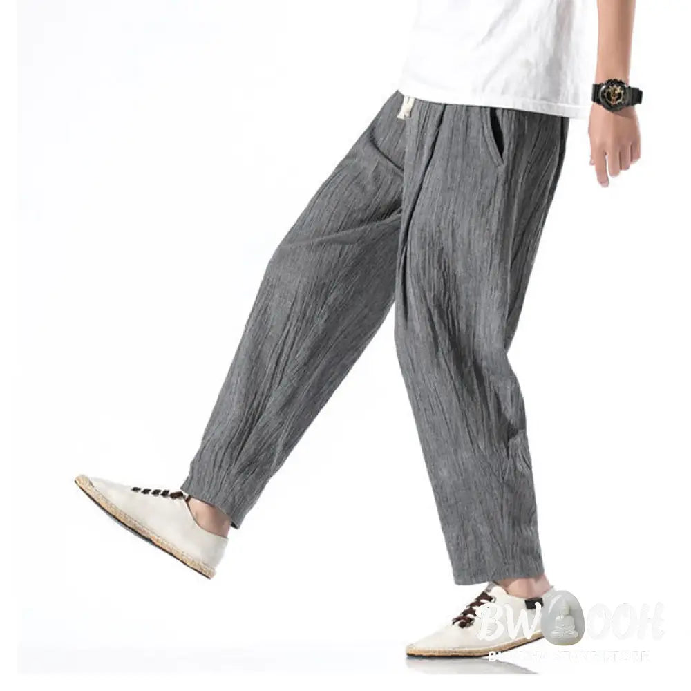 Buddha Stones Casual Plain Pleated Design Drawstring Men’s Long Cotton Linen Harem Pants With Pockets - Men’s Tapered