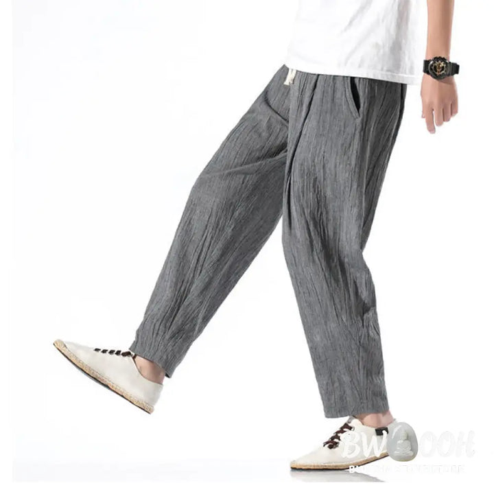 Buddha Stones Casual Plain Pleated Design Drawstring Men’s Long Cotton Linen Harem Pants With Pockets - Men’s Tapered