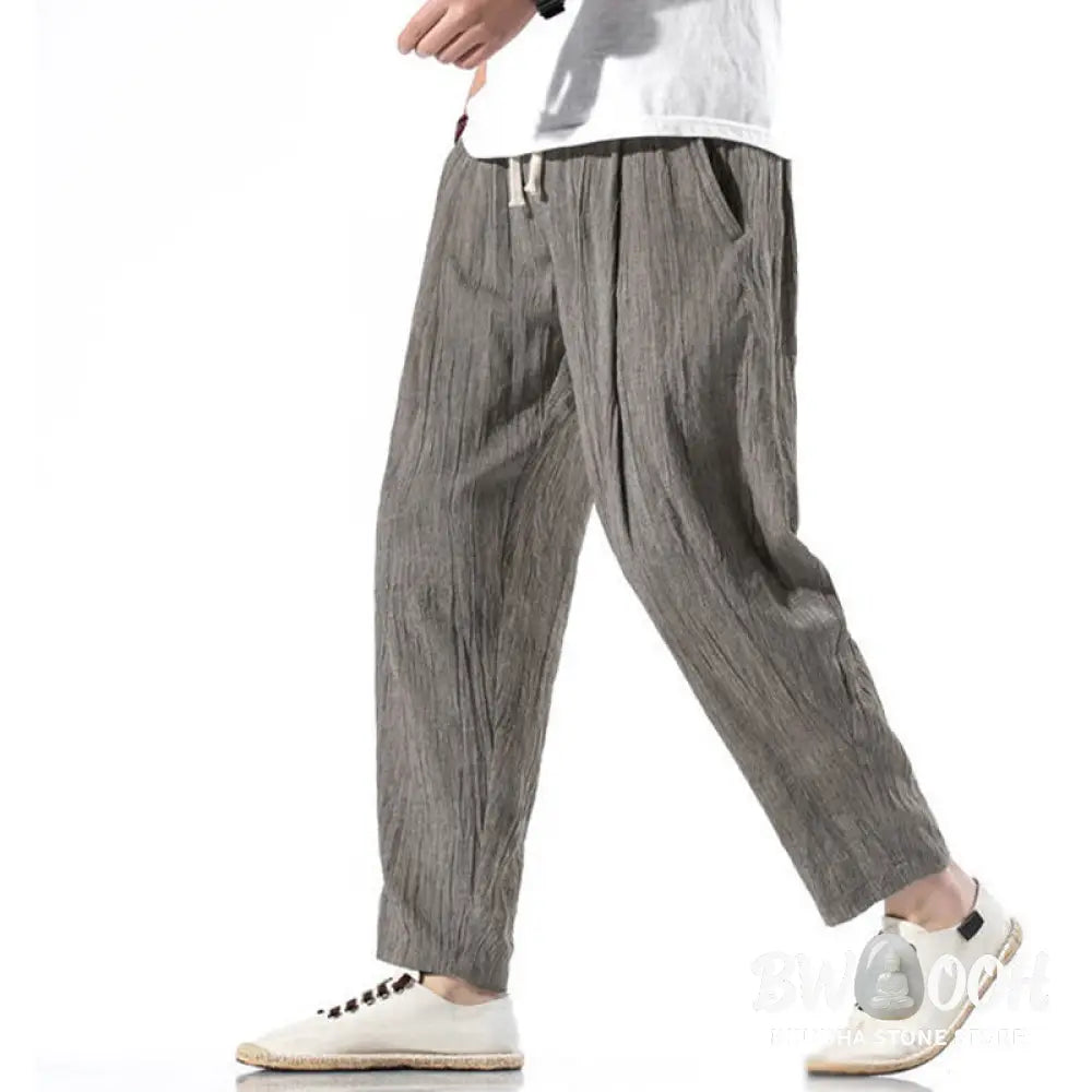 Buddha Stones Casual Plain Pleated Design Drawstring Men’s Long Cotton Linen Harem Pants With Pockets - Men’s Tapered