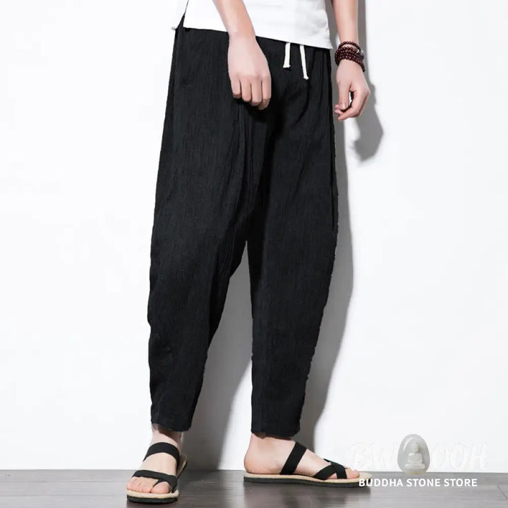 Buddha Stones Casual Plain Pleated Design Drawstring Men’s Long Cotton Linen Harem Pants With Pockets - Men’s Tapered