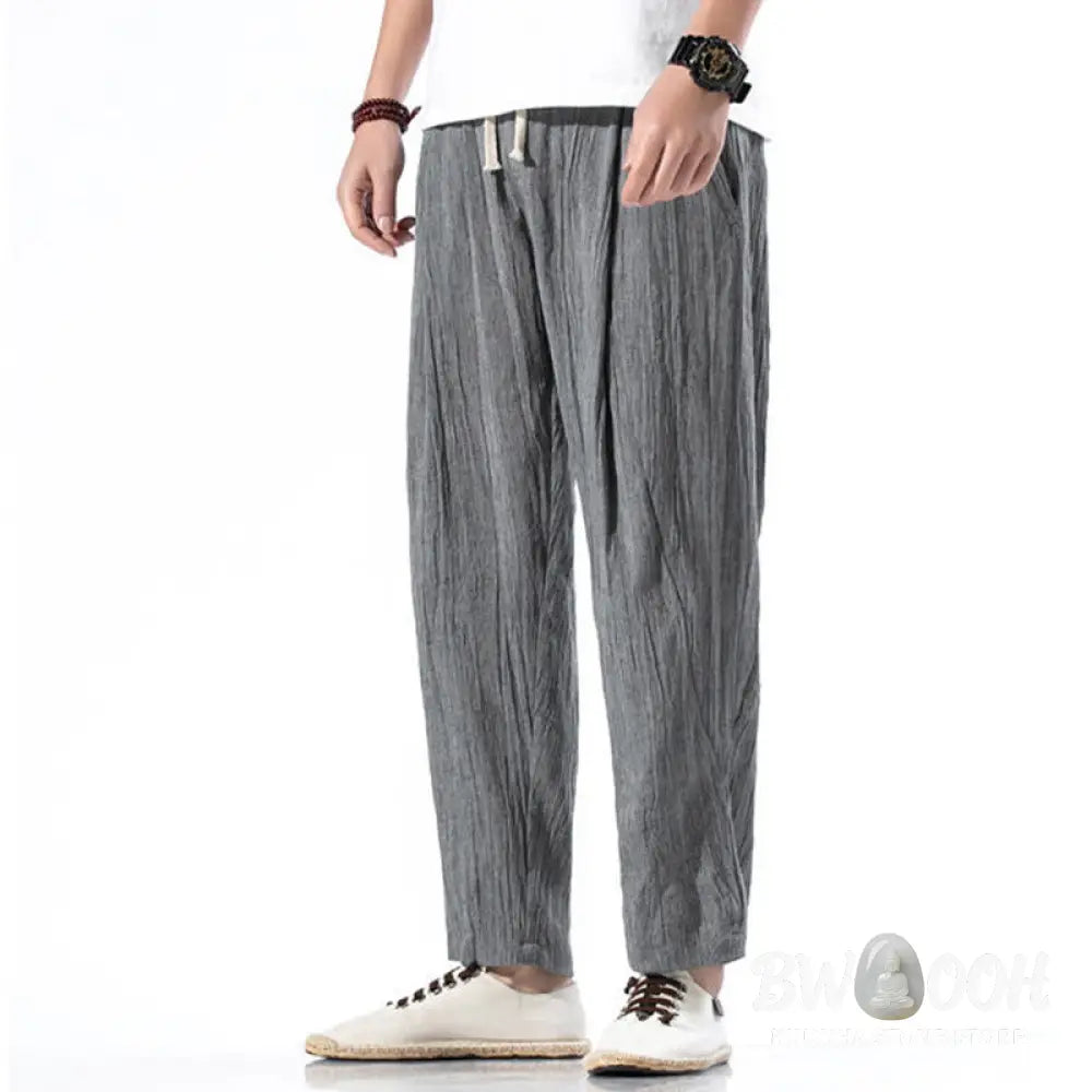 Buddha Stones Casual Plain Pleated Design Drawstring Men’s Long Cotton Linen Harem Pants With Pockets - Men’s Tapered