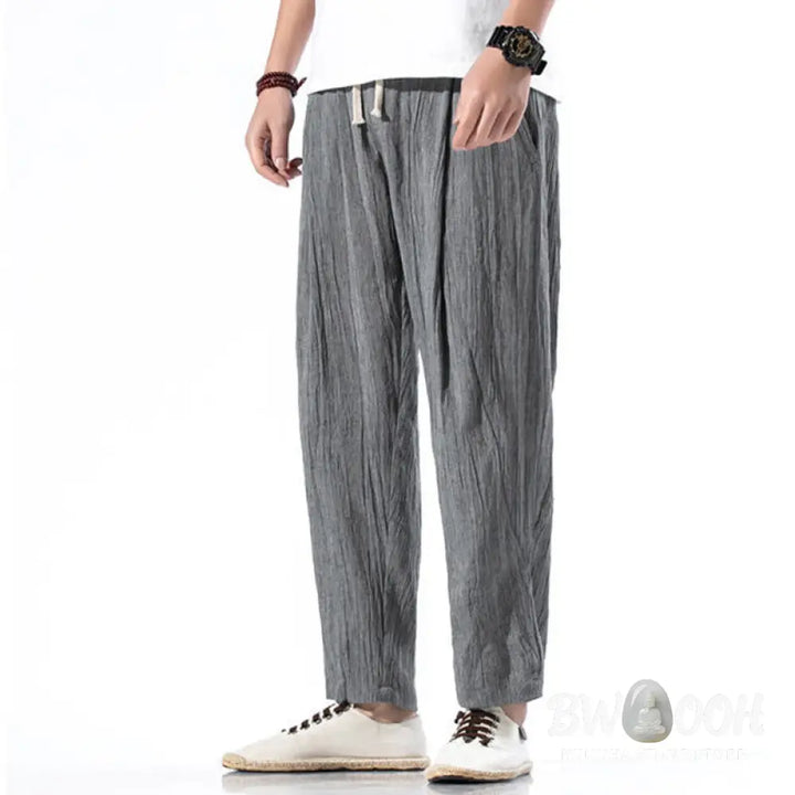 Buddha Stones Casual Plain Pleated Design Drawstring Men’s Long Cotton Linen Harem Pants With Pockets - Men’s Tapered