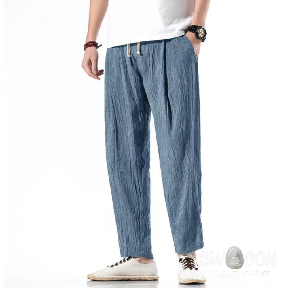 Buddha Stones Casual Plain Pleated Design Drawstring Men’s Long Cotton Linen Harem Pants With Pockets - Men’s Tapered
