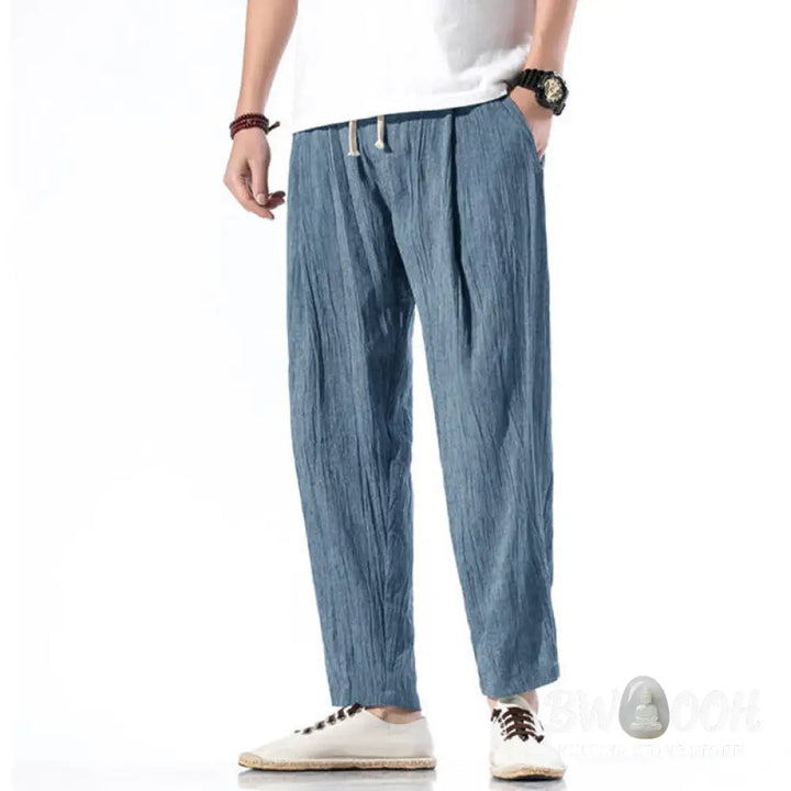 Buddha Stones Casual Plain Pleated Design Drawstring Men’s Long Cotton Linen Harem Pants With Pockets - Men’s Tapered