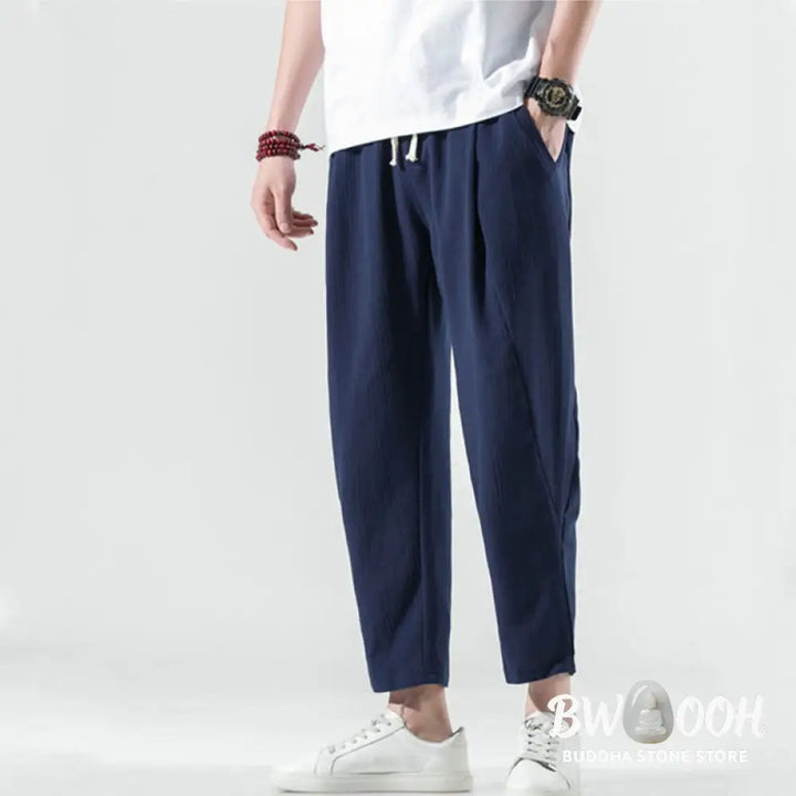 Buddha Stones Casual Plain Pleated Design Drawstring Men’s Long Cotton Linen Harem Pants With Pockets - Men’s Tapered