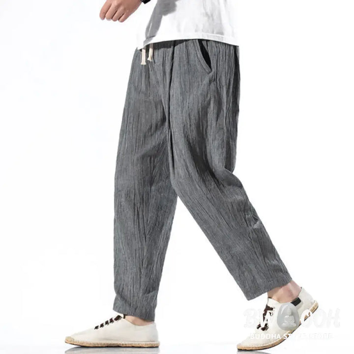 Buddha Stones Casual Plain Pleated Design Drawstring Men’s Long Cotton Linen Harem Pants With Pockets - Men’s Tapered