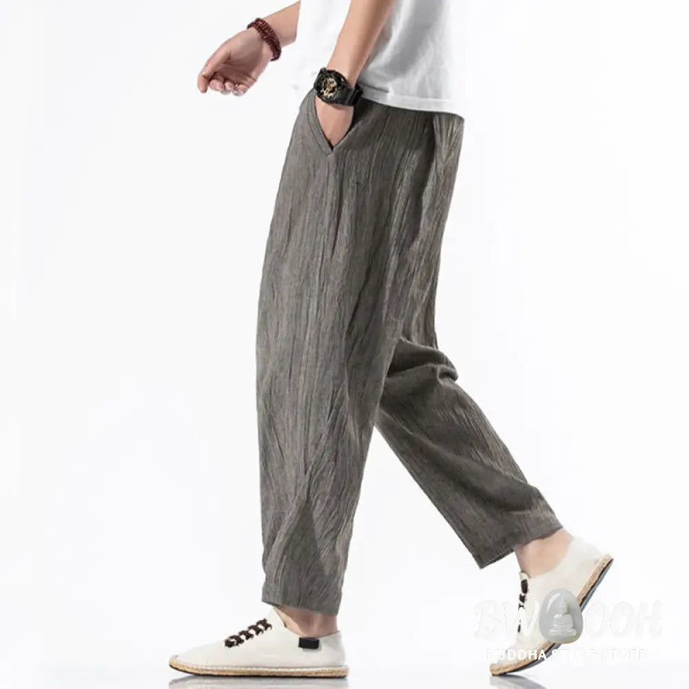 Buddha Stones Casual Plain Pleated Design Drawstring Men’s Long Cotton Linen Harem Pants With Pockets - Men’s Tapered