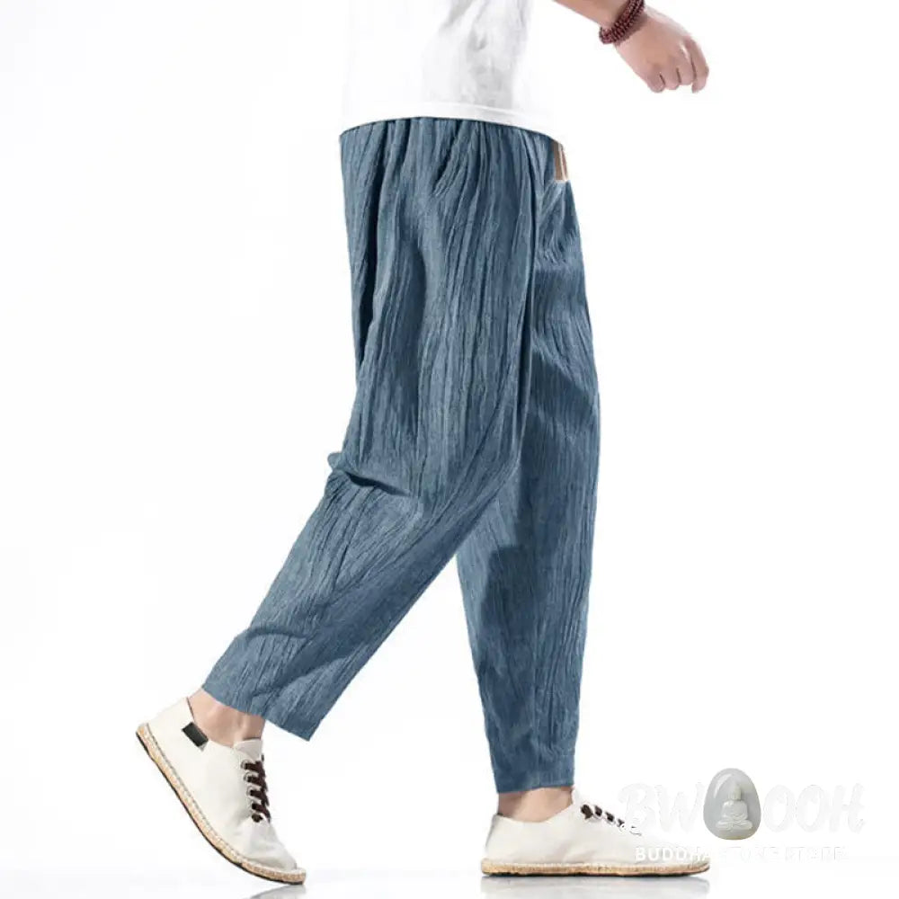 Buddha Stones Casual Plain Pleated Design Drawstring Men’s Long Cotton Linen Harem Pants With Pockets - Men’s Tapered