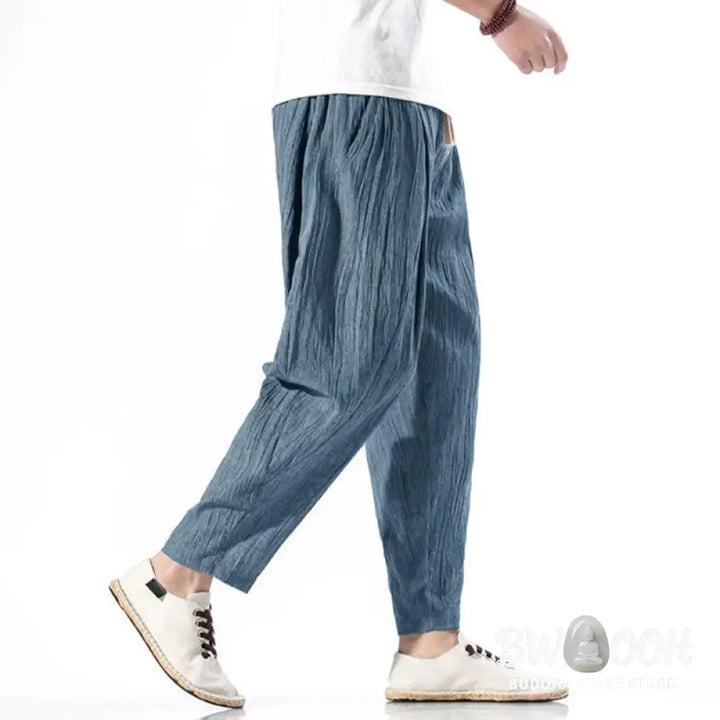 Buddha Stones Casual Plain Pleated Design Drawstring Men’s Long Cotton Linen Harem Pants With Pockets - Men’s Tapered
