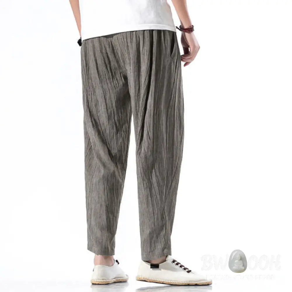 Buddha Stones Casual Plain Pleated Design Drawstring Men’s Long Cotton Linen Harem Pants With Pockets - Men’s Tapered