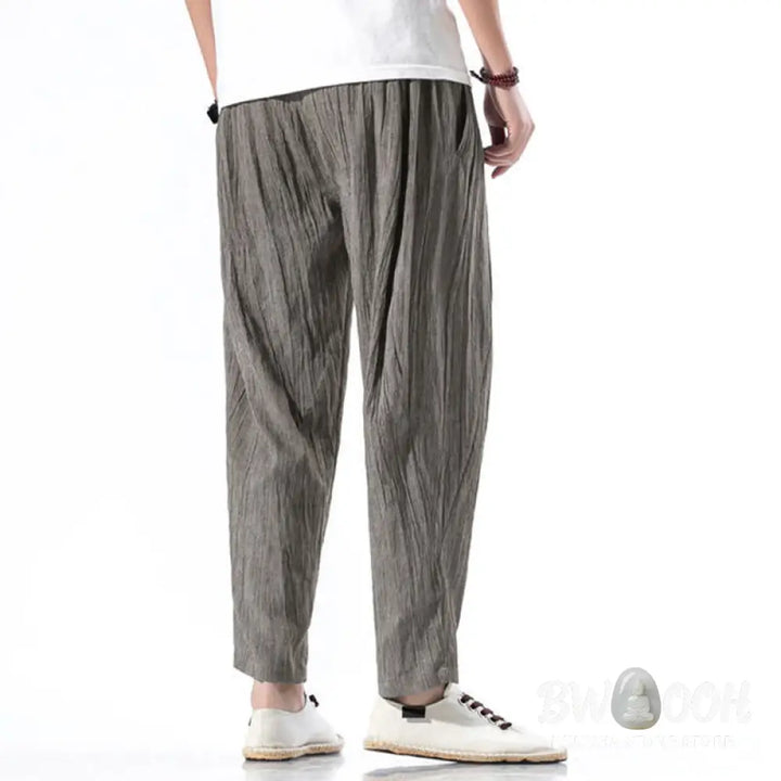 Buddha Stones Casual Plain Pleated Design Drawstring Men’s Long Cotton Linen Harem Pants With Pockets - Men’s Tapered