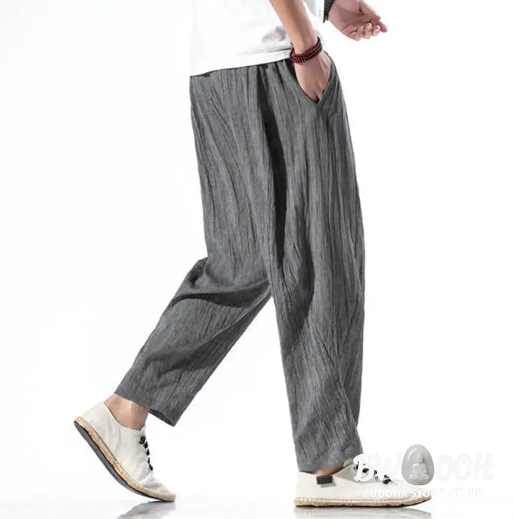 Buddha Stones Casual Plain Pleated Design Drawstring Men’s Long Cotton Linen Harem Pants With Pockets - Men’s Tapered