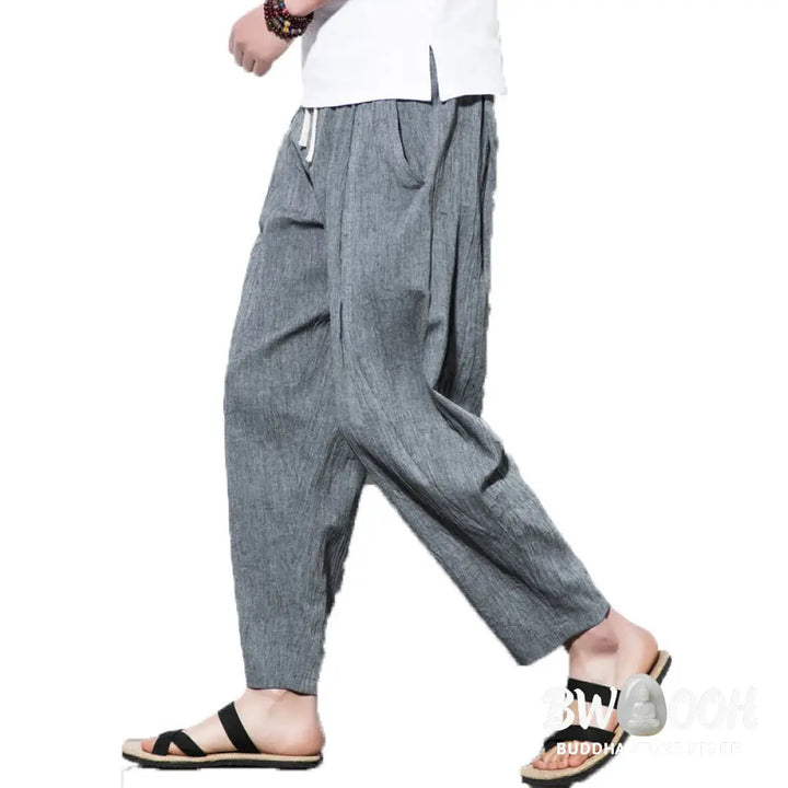 Buddha Stones Casual Plain Pleated Design Drawstring Men’s Long Cotton Linen Harem Pants With Pockets - Men’s Tapered