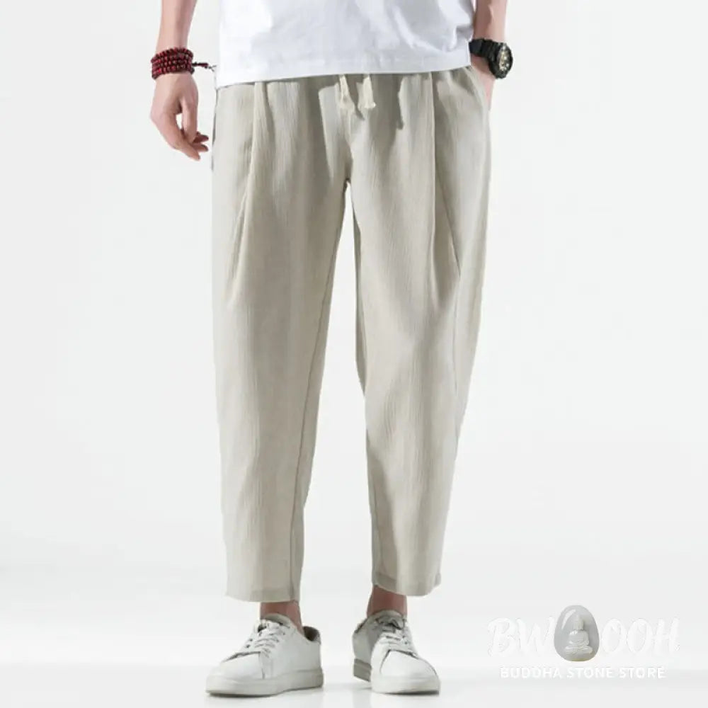 Buddha Stones Casual Plain Pleated Design Drawstring Men’s Long Cotton Linen Harem Pants With Pockets - Men’s Tapered