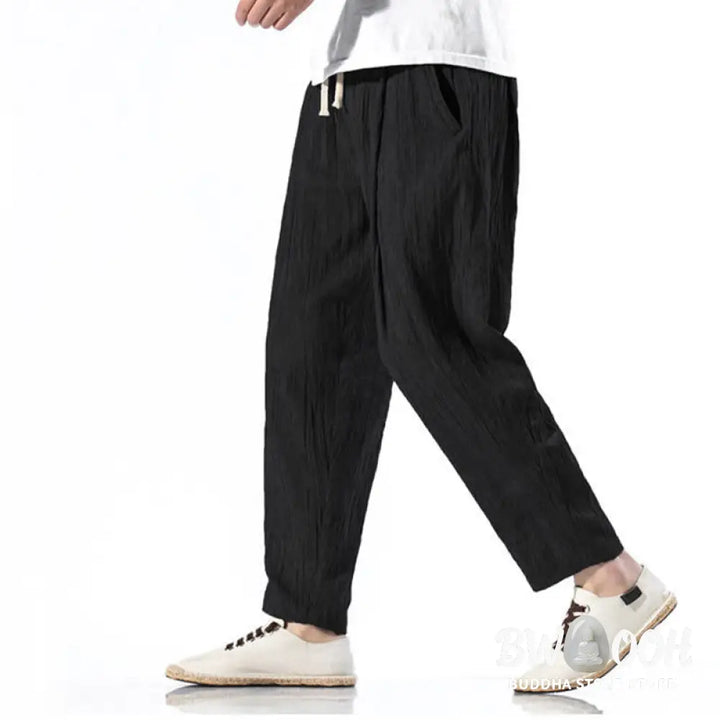 Buddha Stones Casual Plain Pleated Design Drawstring Men’s Long Cotton Linen Harem Pants With Pockets - Men’s Tapered
