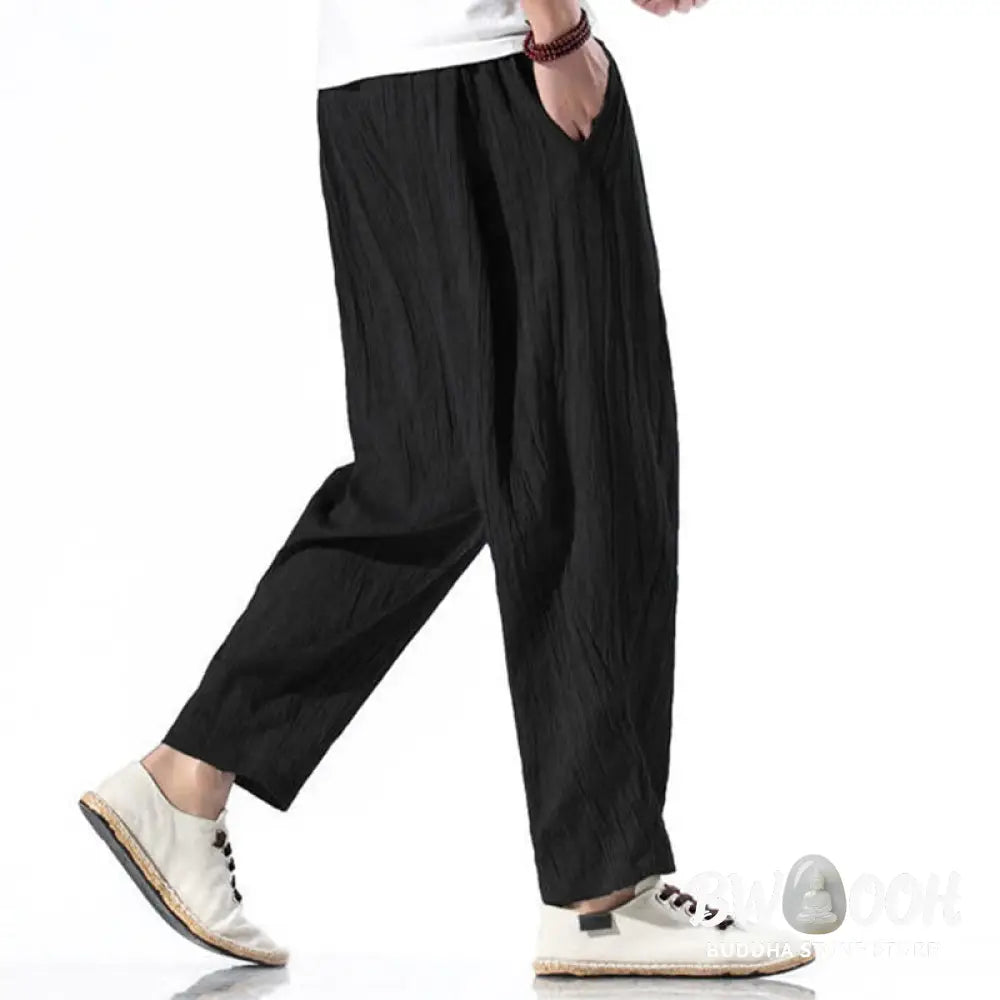 Buddha Stones Casual Plain Pleated Design Drawstring Men’s Long Cotton Linen Harem Pants With Pockets - Men’s Tapered