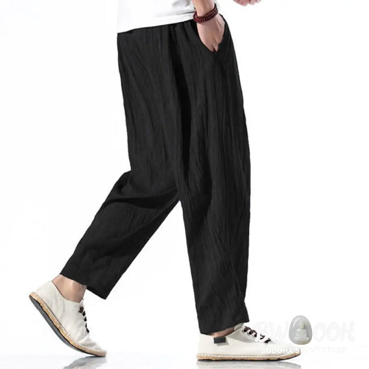 Buddha Stones Casual Plain Pleated Design Drawstring Men’s Long Cotton Linen Harem Pants With Pockets - Men’s Tapered
