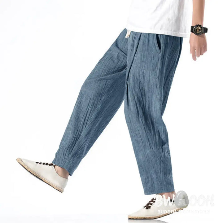 Buddha Stones Casual Plain Pleated Design Drawstring Men’s Long Cotton Linen Harem Pants With Pockets - Men’s Tapered