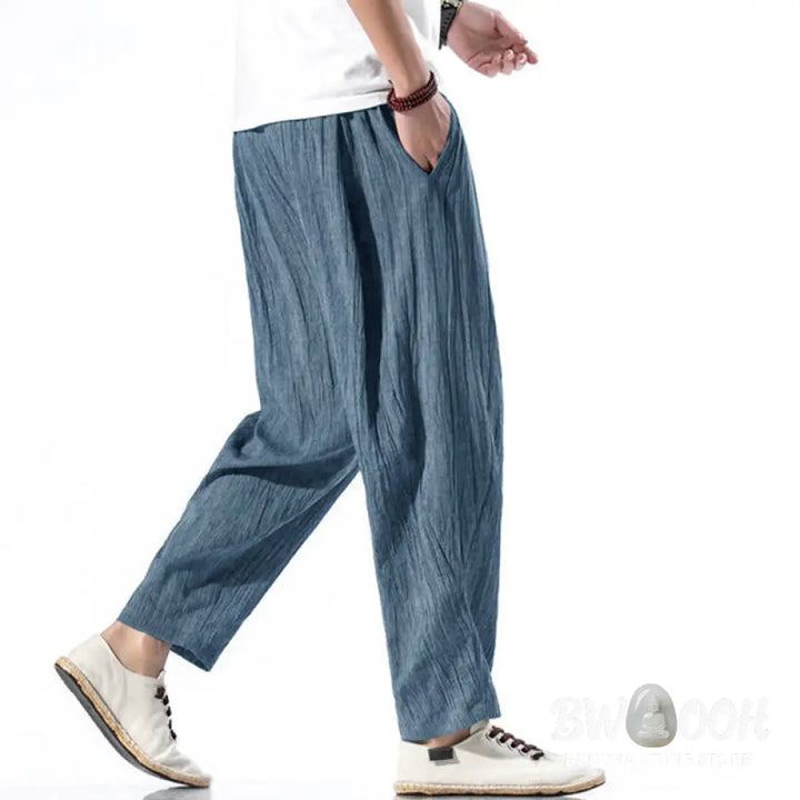 Buddha Stones Casual Plain Pleated Design Drawstring Men’s Long Cotton Linen Harem Pants With Pockets - Men’s Tapered