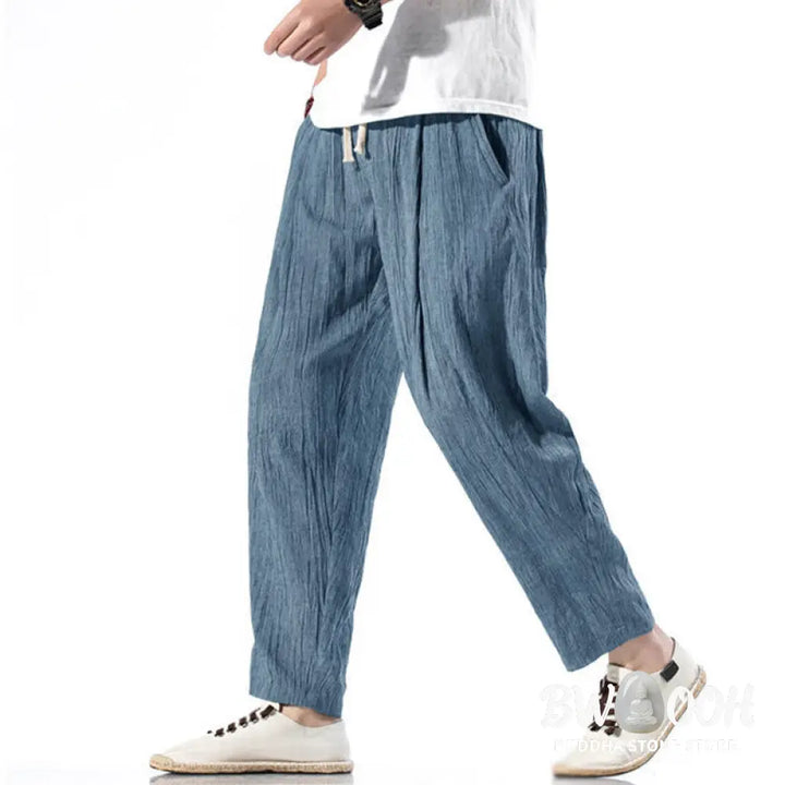 Buddha Stones Casual Plain Pleated Design Drawstring Men’s Long Cotton Linen Harem Pants With Pockets - Men’s Tapered