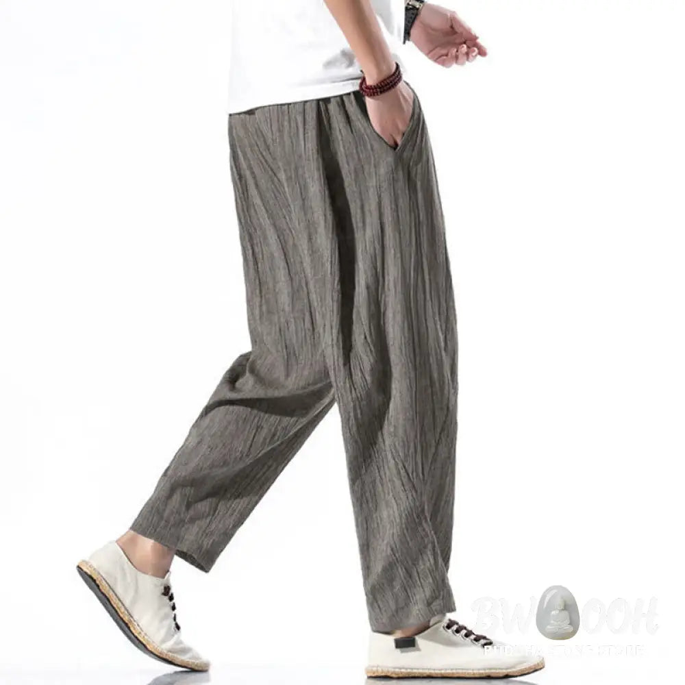 Buddha Stones Casual Plain Pleated Design Drawstring Men’s Long Cotton Linen Harem Pants With Pockets - Men’s Tapered