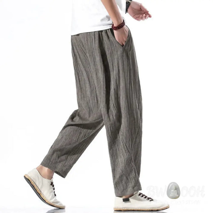 Buddha Stones Casual Plain Pleated Design Drawstring Men’s Long Cotton Linen Harem Pants With Pockets - Men’s Tapered