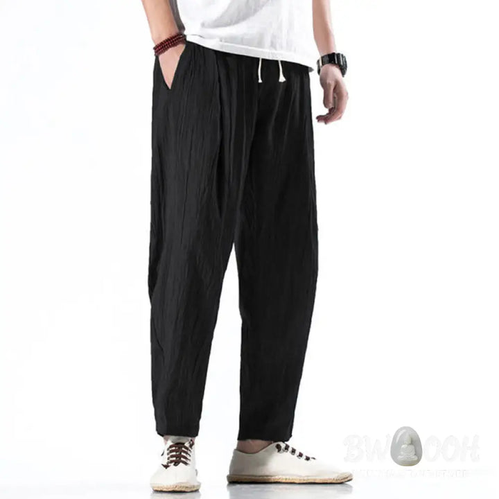 Buddha Stones Casual Plain Pleated Design Drawstring Men’s Long Cotton Linen Harem Pants With Pockets - Men’s Tapered