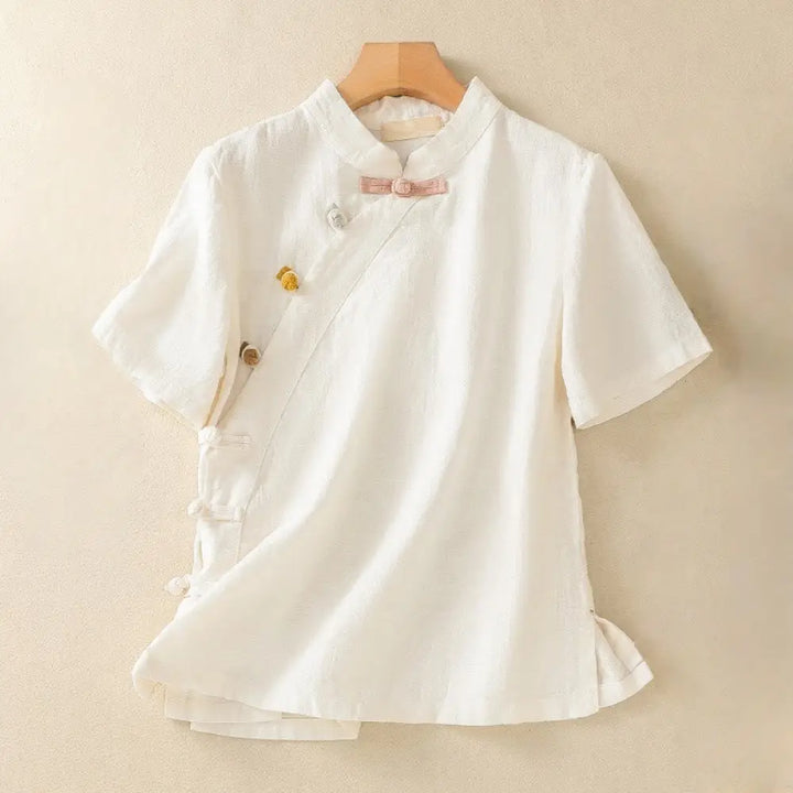 Buddha Stones Casual Plain Slant Stand Collar Collar Colorful Frog-Button Tang Suit Women’s Cotton Linen Three Quarter