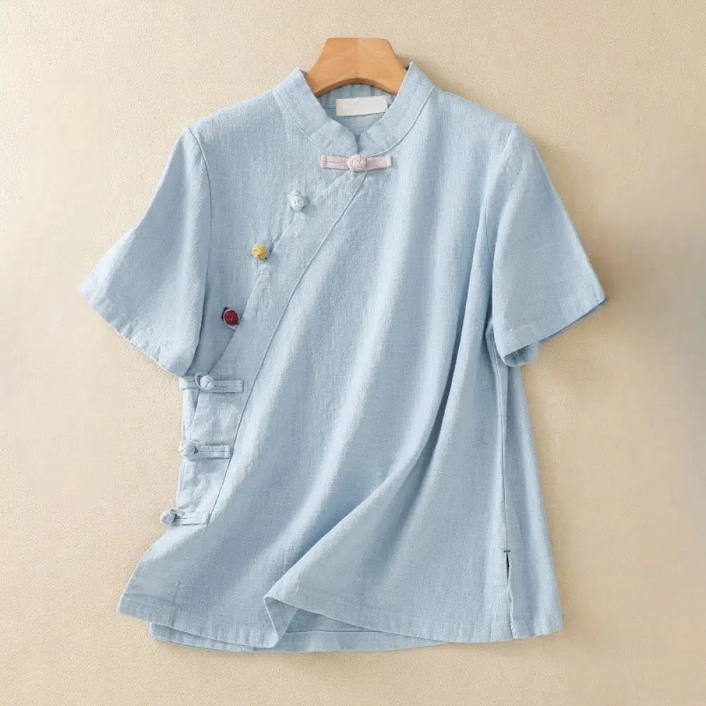 Buddha Stones Casual Plain Slant Stand Collar Collar Colorful Frog-Button Tang Suit Women’s Cotton Linen Three Quarter