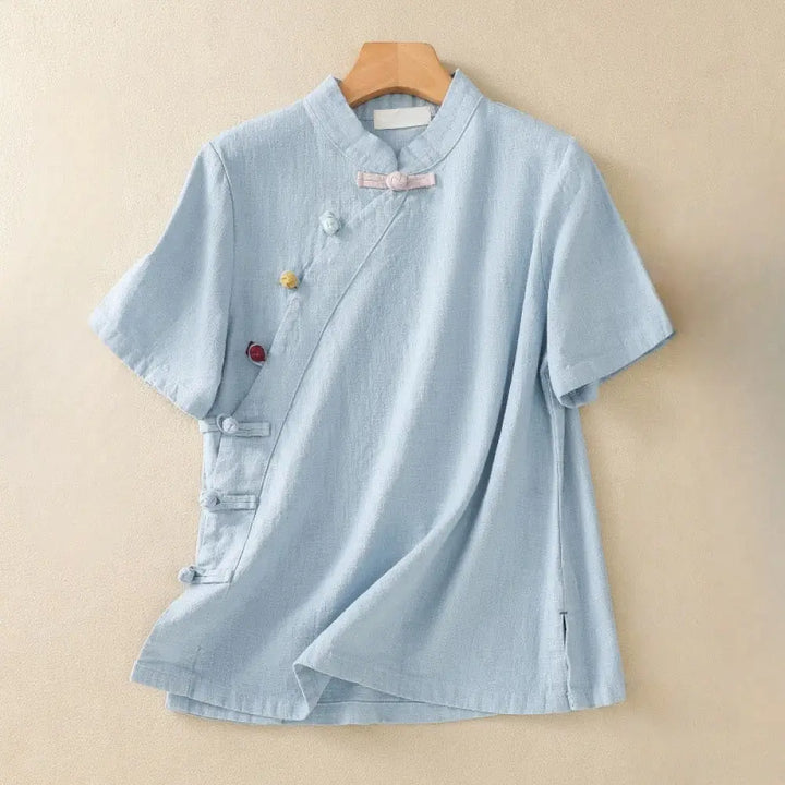 Buddha Stones Casual Plain Slant Stand Collar Collar Colorful Frog-Button Tang Suit Women’s Cotton Linen Three Quarter